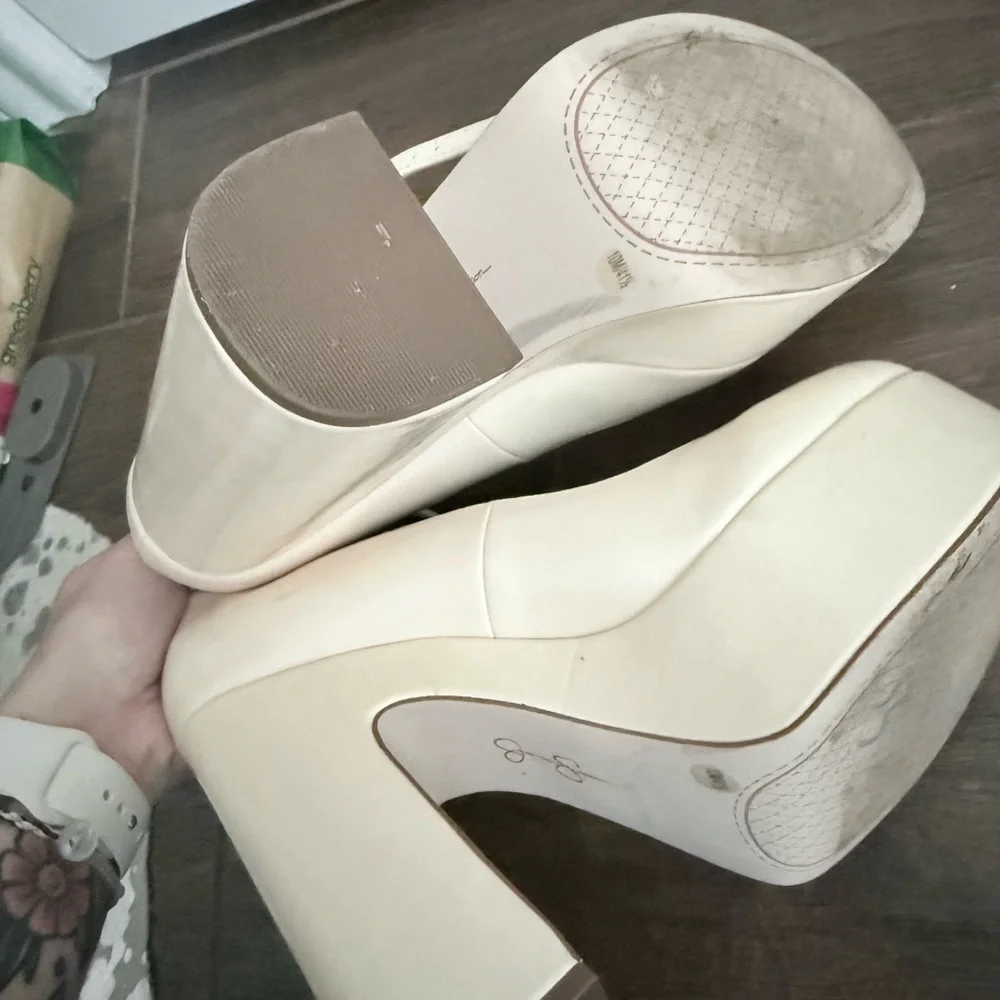 Platform Ankle-Strap Pumps in Cream